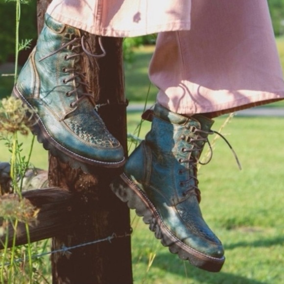 Free People Shoes - BED STU Boots ELISHA II Leather Combat Moto TEAL LUX Green Black Size 8